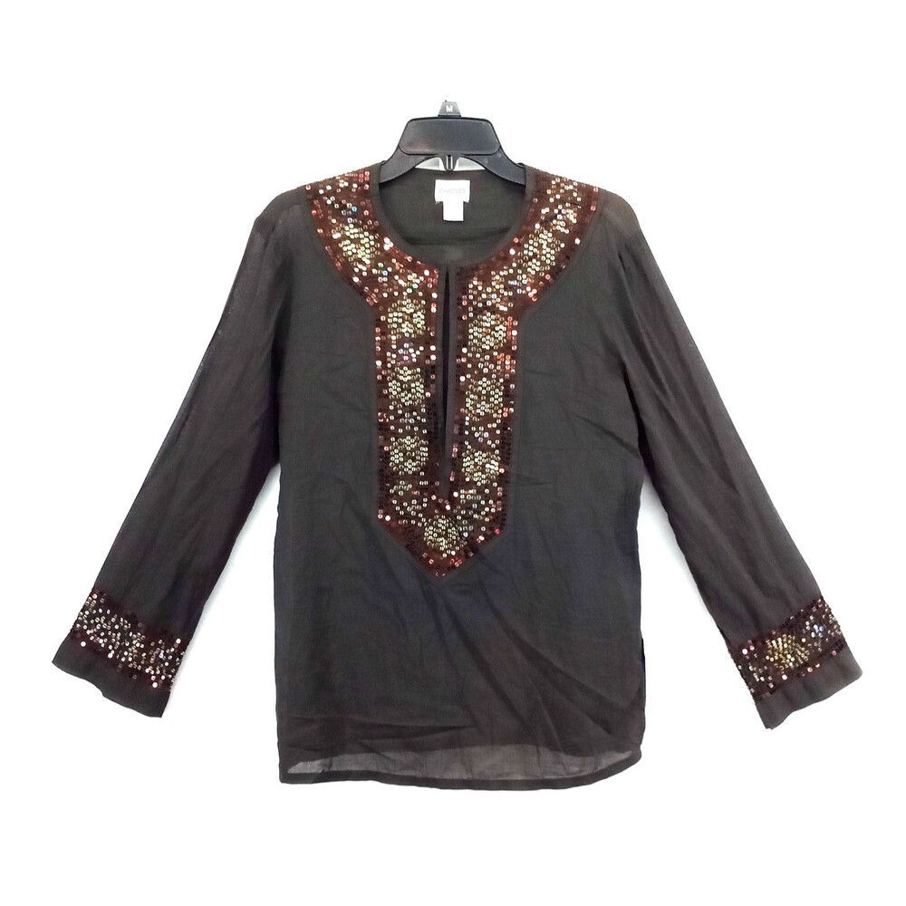 Chico's Blouse Womens Size 1 Brown Sequin Long Sleeve Lightweight Casual Top